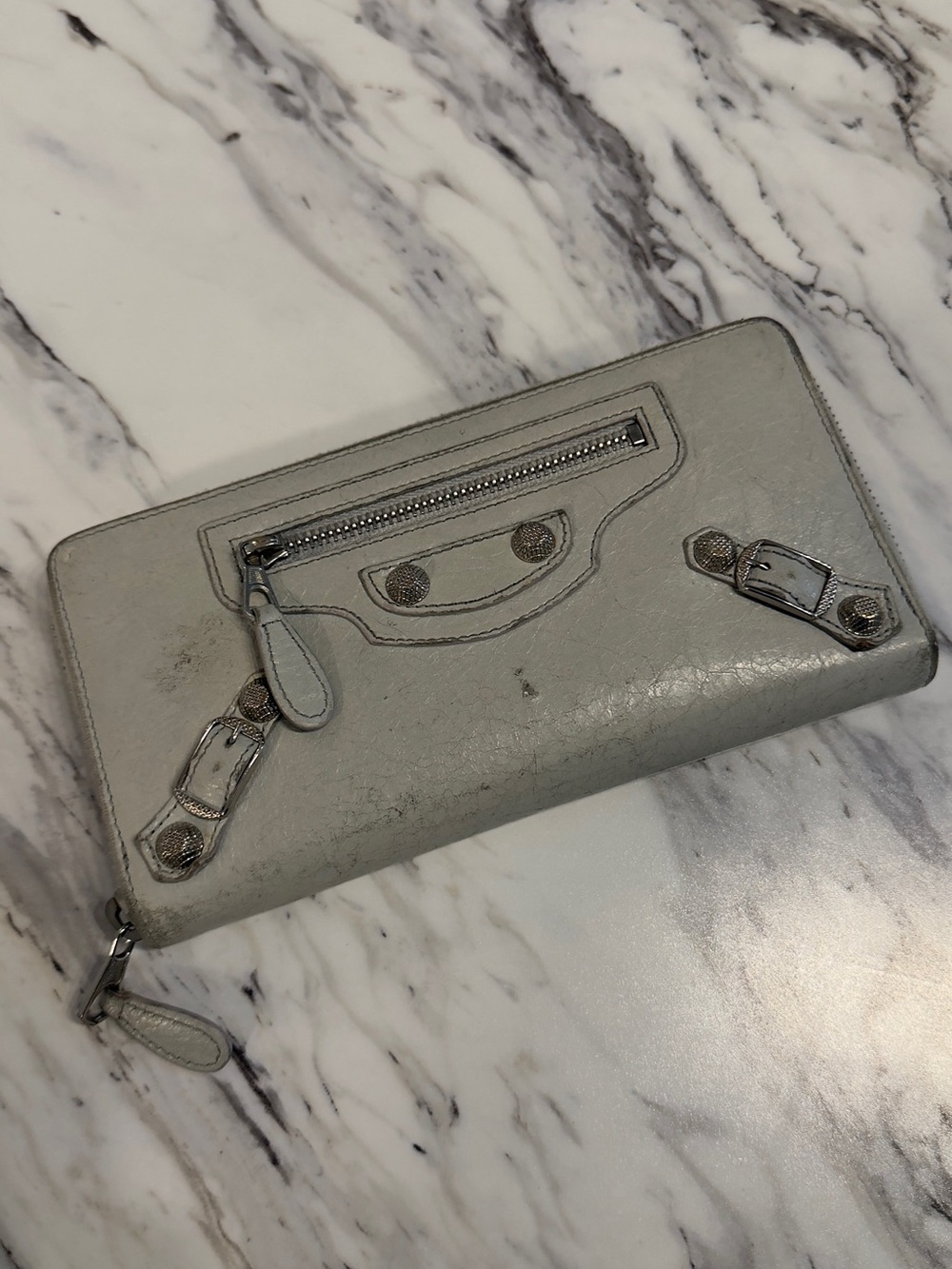 Balenciaga Light Gray Leather Zip Wallet with Stud Detailing - Picture 5 of 8